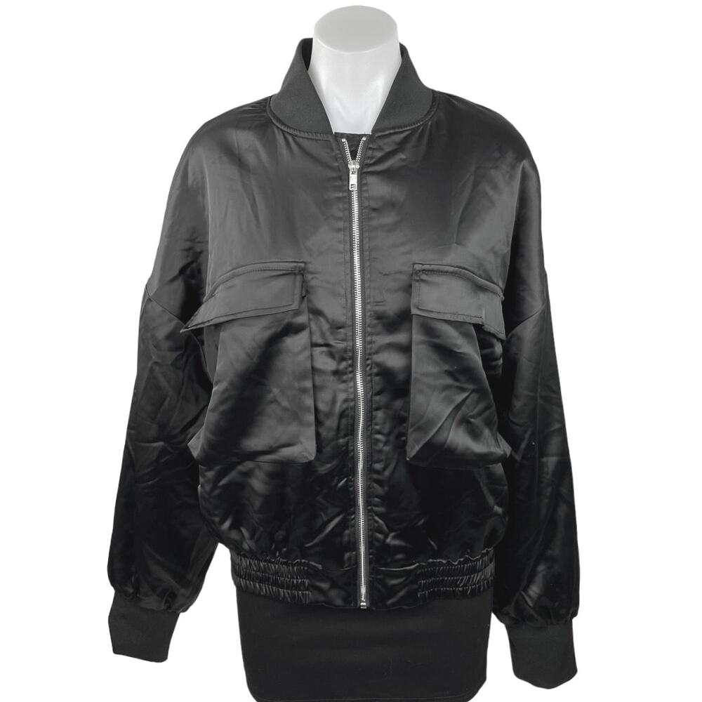 Beginning Boutique Black Satin Zip Up Long Sleeve Bomber Jacket Coat Size 6